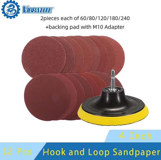 VIBRATITE Schleifscheiben-Set mit Klettverschluss für Winkelschleifer, 100 mm Schleifpapier in den Körnungen 60–240 inklusive Stützteller und M10-Adapter zum Polieren und Reinigen - Bild 1