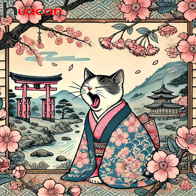 Huacan Diamantmalerei Katze Kirschblüten, Diamant-Mosaik, Bastelset - Bild 1