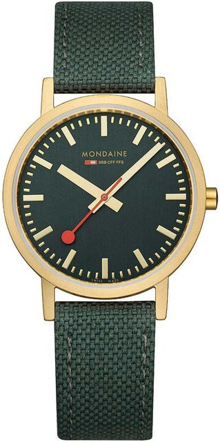 Mondaine Damenuhr, Analoguhr, Quarz, Edelstahl, Grün, Gold, 36 mm, 3 ATM - Bild 1