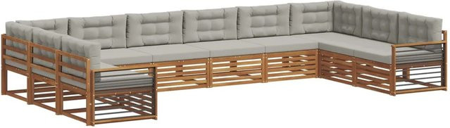 vidaXL Sofagarnitur aus Massivholz Akazie in Natur und Hellgrau, 10-teiliges U-Shape Set mit Sitz- und Rückenkissen - Bild 1