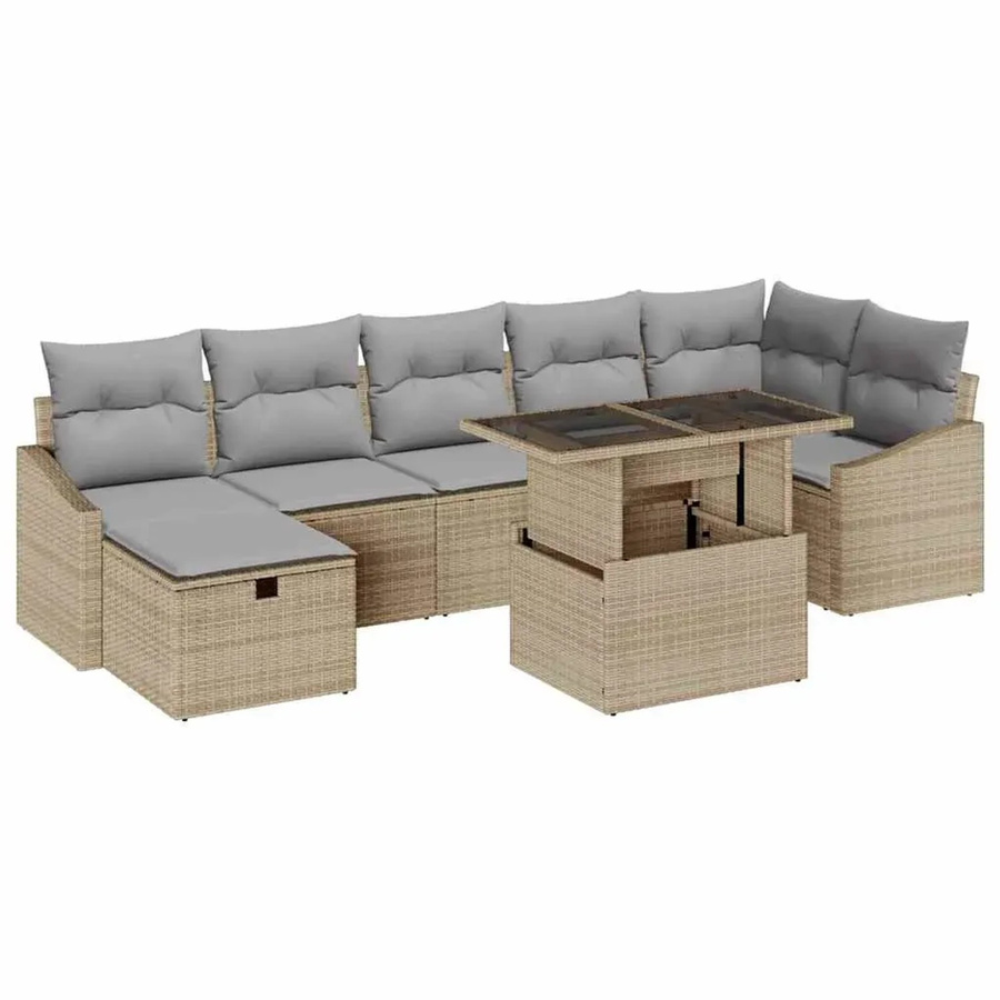 vidaXL Garten-Sofa-Set aus Polyrattan in Beige, 8-teiliges L-Shape Lounge-Set mit Kissen, Ottoman und Couchtisch mit integriertem Kissen-Speicher - Bild 2