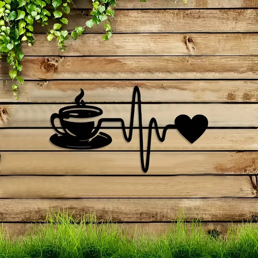 CIFBUY Vintage Wandkunst aus Metall mit Kaffeetasse und Herzschlag-Design in Schwarz - Bild 2