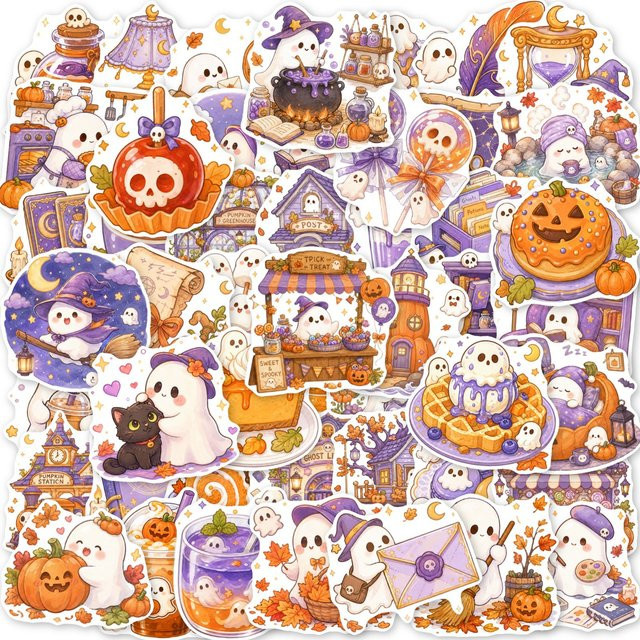 50 Stück Halloween Aufkleber in Pastellfarben mit Geistern, Kürbissen und Desserts, wasserfeste Vinyl-Sticker für Laptop, Handy und Tagebuch, Mehrfarbig - Bild 1