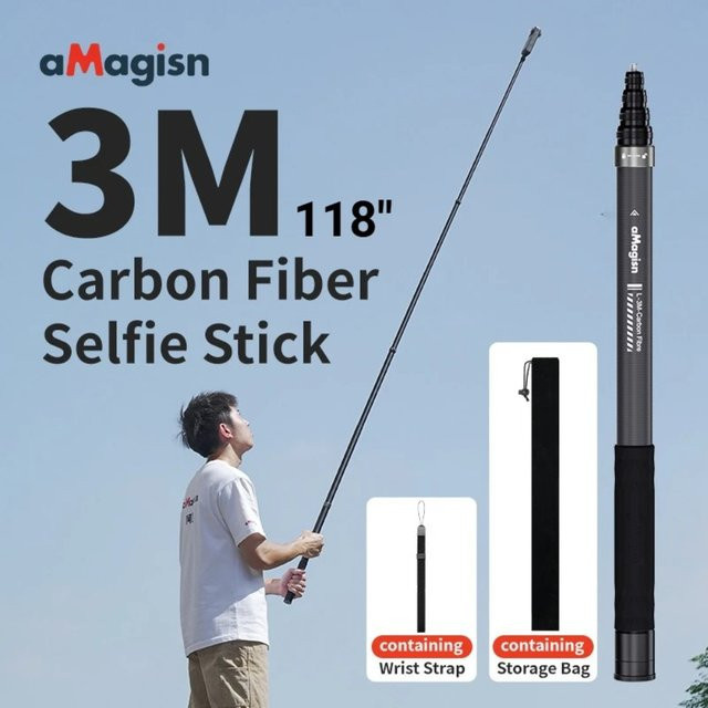 aMagisn Unsichtbarer Selfie-Stick aus Kohlefaser in Schwarz, frei ausziehbar von 1,2 m bis 3 m, kompatibel mit GoPro Max, Insta360 X3 X4 X5 und DJI Osmo 360 - Bild 1
