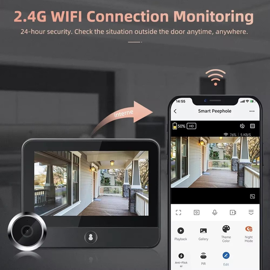 Awapow Tuya Drahtlose Radar Türklingel mit Wifi, Türspion Kamera mit 1080P Nachtsicht, PIR Bewegungserkennung und 4,3 Zoll Display in Schwarz - Bild 2