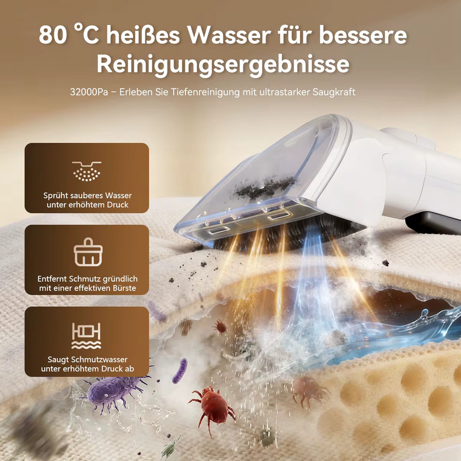 Redroad F1 Heißwasser-Teppichreiniger in Weiß mit 1800W Leistung, 16kPa Saugkraft und 65 °C Heißwasser-Tiefenreinigung für Haustierflecken - Bild 2