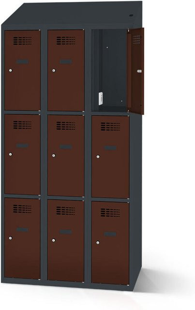 rotstahl Fächerschrank mit Ladefunktion und 9 Fächern in Mahagoni mit anthrazitgrauem Korpus, B: 120 cm, H: 200 cm - Bild 1