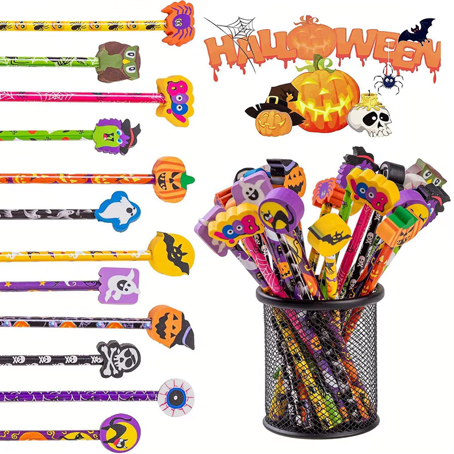 JXB 12er Set Halloween-Partystifte mit Radiergummis in Multicolour mit Kürbis, Fledermaus, Skelett und Spinne Motiven - Bild 3