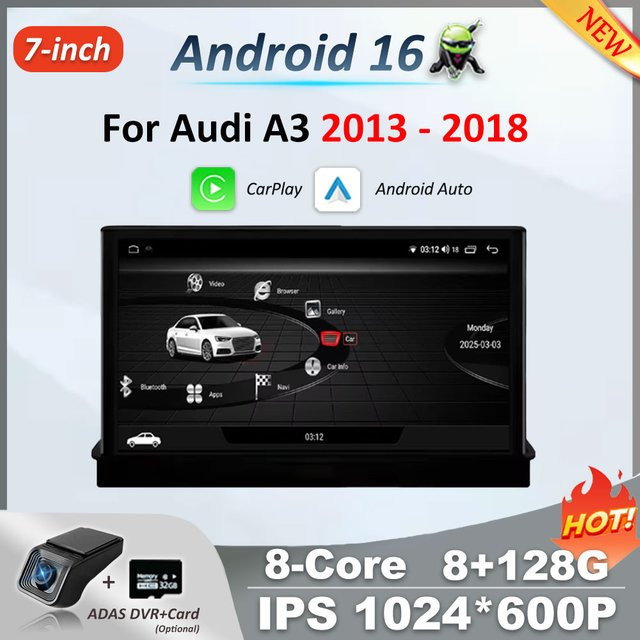 LIARO-NAVI Android 16 Multimedia Radio Player mit 7 Zoll Touchscreen für Audi A3 2013 - 2018 in Schwarz mit Carplay und Audio Video Funktionen - Bild 1