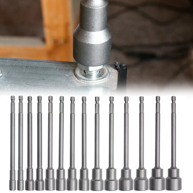 VIBRATITE Sechskantmuttern-Steckschlüssel-Set mit Verlängerungshülse für Bohrmaschinen und Schlagschrauber, Silber, Länge: 150 mm, Größen: 6 mm bis 19 mm - Bild 1