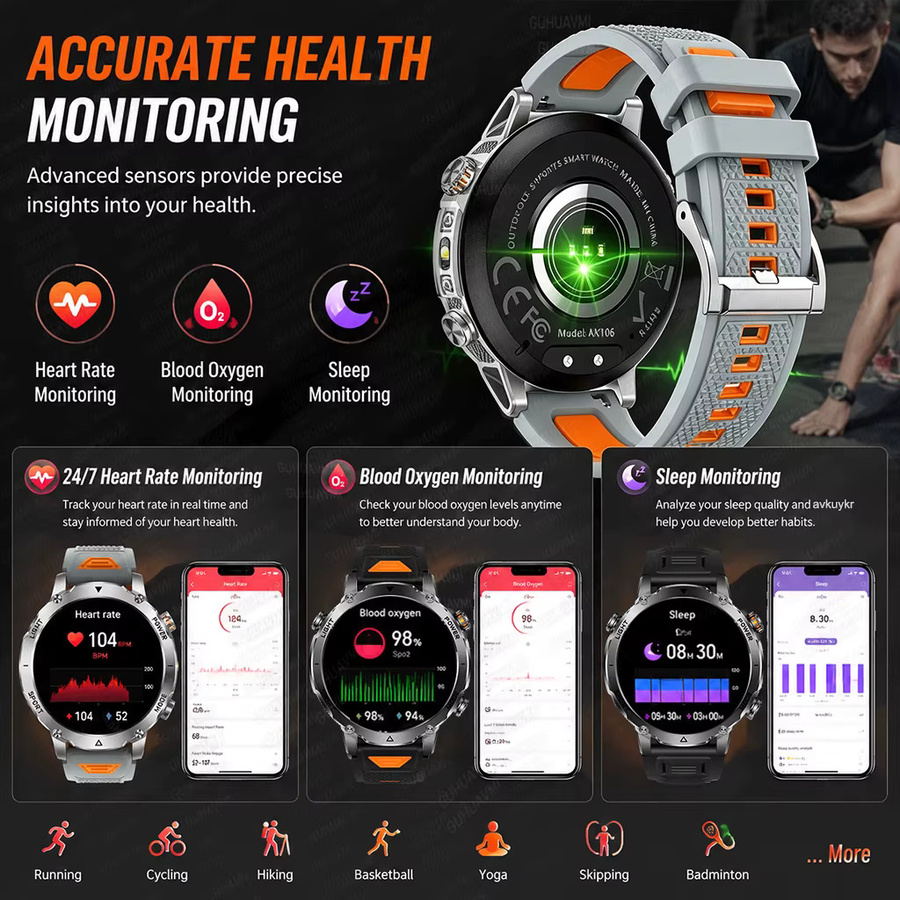 GUHUAVMI TANK Ultra Smartwatch für Herren in Schwarz mit 1400mAh Akku, GPS-Tracking, Bluetooth-Anruffunktion und Sport-Taschenlampe, wasserdicht und Outdoor-tauglich - Bild 6