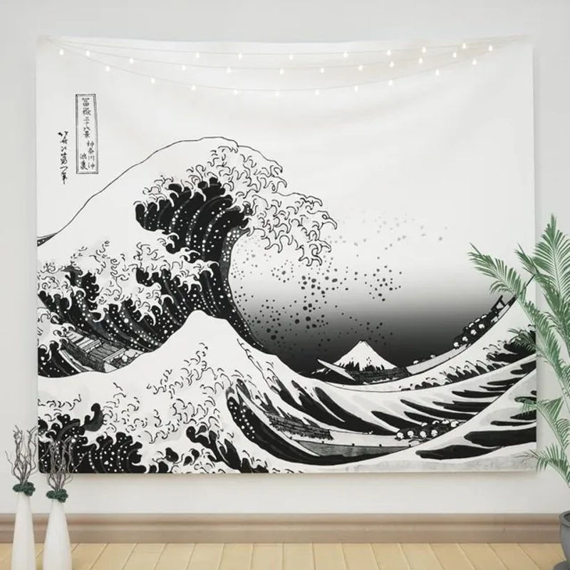 VIKAMA Wandteppich Die große Welle vor Kanagawa, japanische Ukiyo-e-Kunst als Wandbehang in Schwarz-Weiß, B/H: 60 x 40 cm - Bild 1