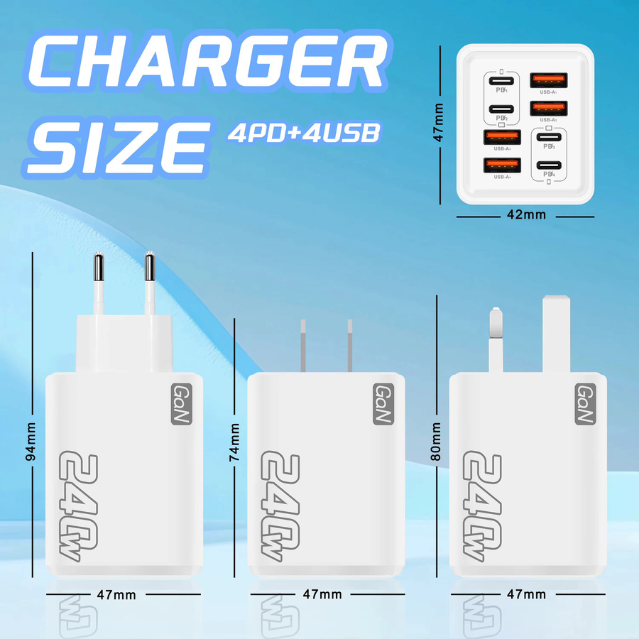 8-in-1 240W GaN USB-C Ladegerät Schwarz mit Schnellladefunktion für iPhone, Samsung und Xiaomi - Bild 2