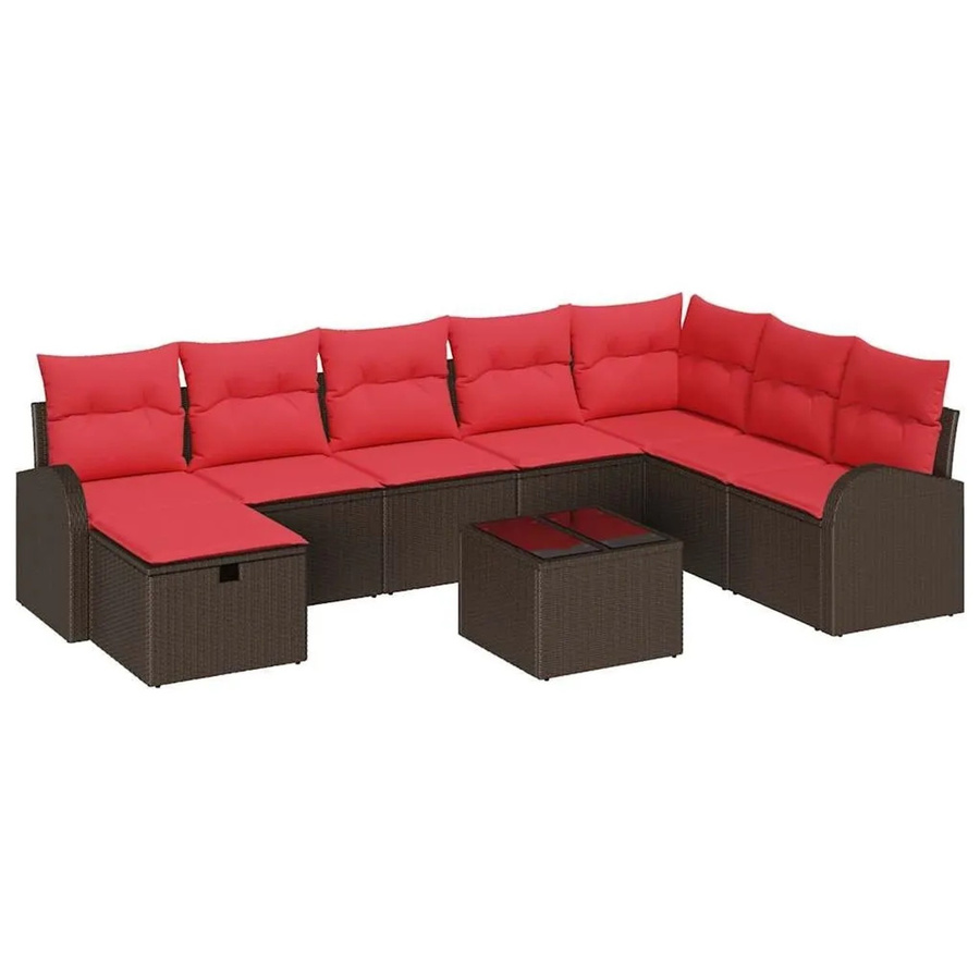 vidaXL Sofa Set aus Poly-Rattan in L-Form mit 9 Kissen in Braun und Rot und Tisch - Bild 2