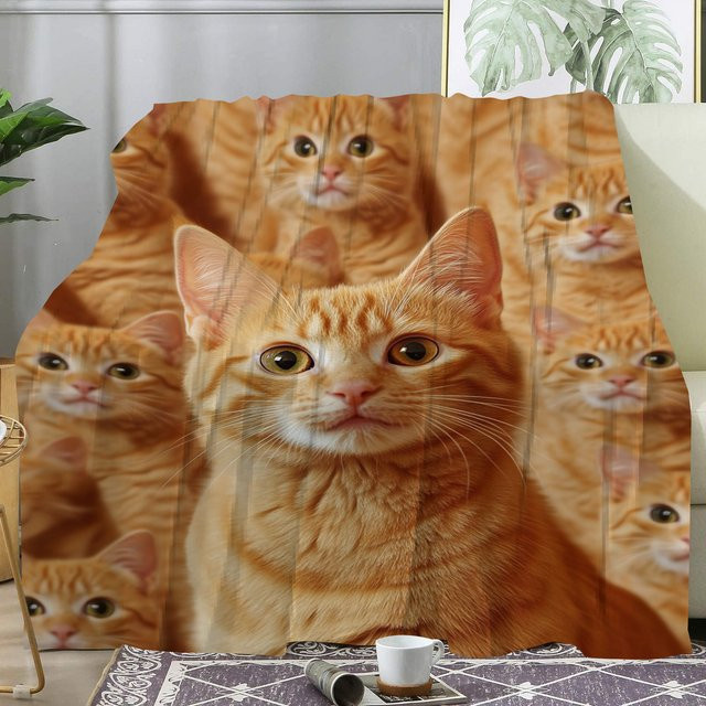 VIKAMA Flanelldecke mit goldenem Katzenmotiv in Gold und Orange - Bild 1
