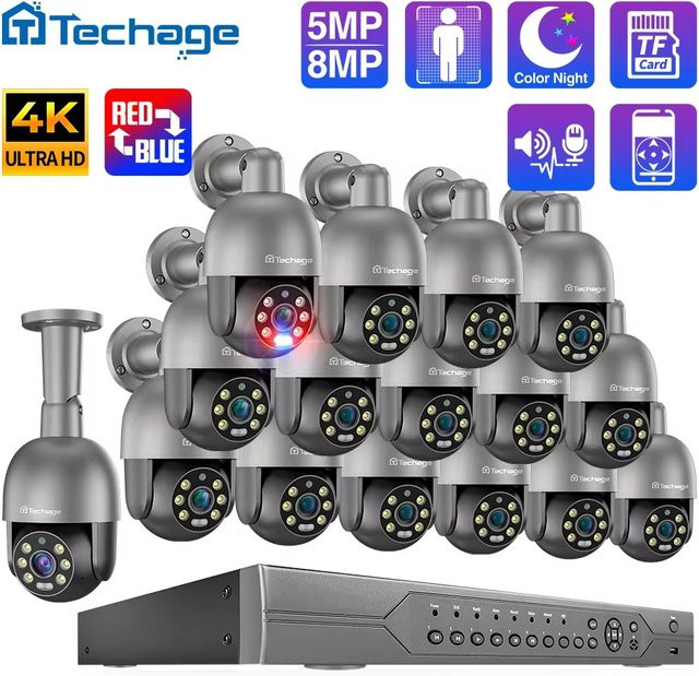 Techage 16CH CCTV-Überwachungssystem mit 8MP und 5MP PTZ PoE Kameras, 4K Video, Zwei-Wege-Audio und NVR-Kit für den Außenbereich - Bild 1