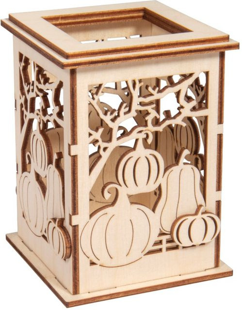 Rayher Tischlaterne Kürbis in Beige aus Holz für herbstliche Halloween-Dekoration - Bild 1