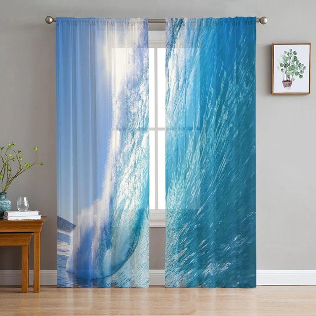 Transparenter Tüllvorhang mit Meer-Wellen-Himmel-Print von A Family Of Home Textiles in Blau, B: 135 cm, H: 137 cm - Bild 1