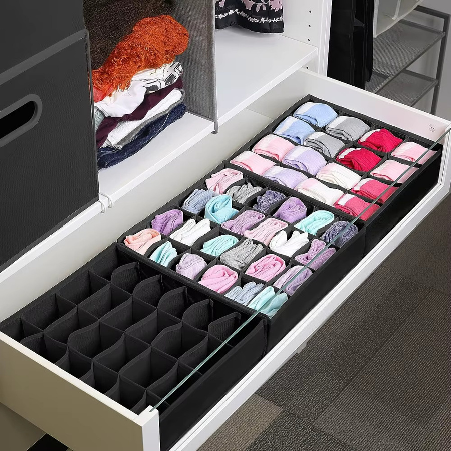 24-teiliger grauer Stoff-Schubladenorganizer aus faltbarem Material mit Trennern für Socken, Unterwäsche und Krawatten, B/T/H: 24 x 30 x 9 cm und 24 x 24 x 9 cm - Bild 2