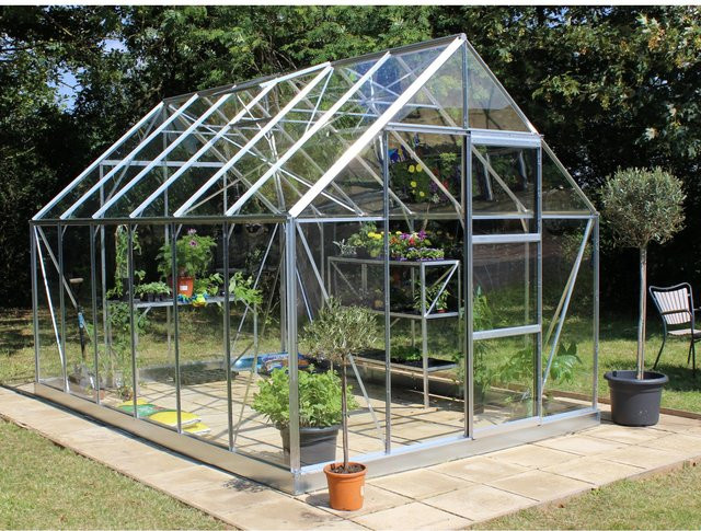 Halls Gewächshaus Universal 128 aus Aluminium und Glas in Silber mit Satteldach und Schiebetür, B/T/H: 257 x 384 x 230 cm - Bild 1