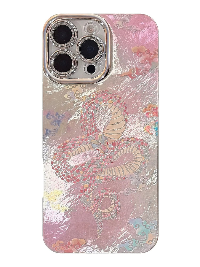 Bunte iPhone Schutzhülle im chinesischen Stil mit Blumenschlange und Wolken-Motiv, mattierte Textur mit Glaslinsenschutz, Farbe: Mehrfarbig/Pink, passend für iPhone 12 bis iPhone 17 Pro Max - Bild 2