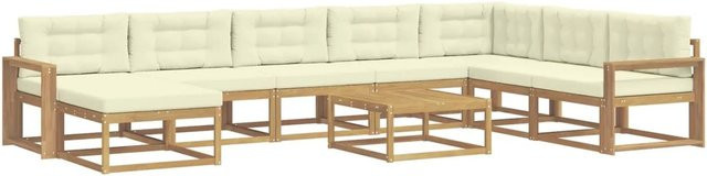 vidaXL Outdoor-Sofagarnitur L-Form aus massivem Akazienholz mit Polstern in Weiß und Beige, 9-teiliges Set - Bild 1