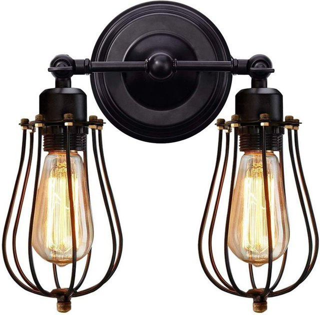 TOMTOP JMS Doppelkopf Wandleuchte im Industriellen Vintage-Stil aus Metall in Schwarz mit verstellbarem Drahtkäfig und E27 Fassung - Bild 1