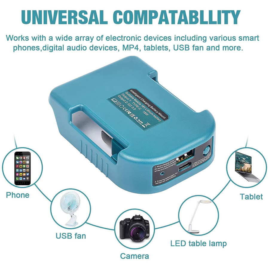 Makita 18V Lithium-Akku Schnellladegerät Adapter mit 5V USB und 18W Typ-C Anschluss in Blau - Bild 2