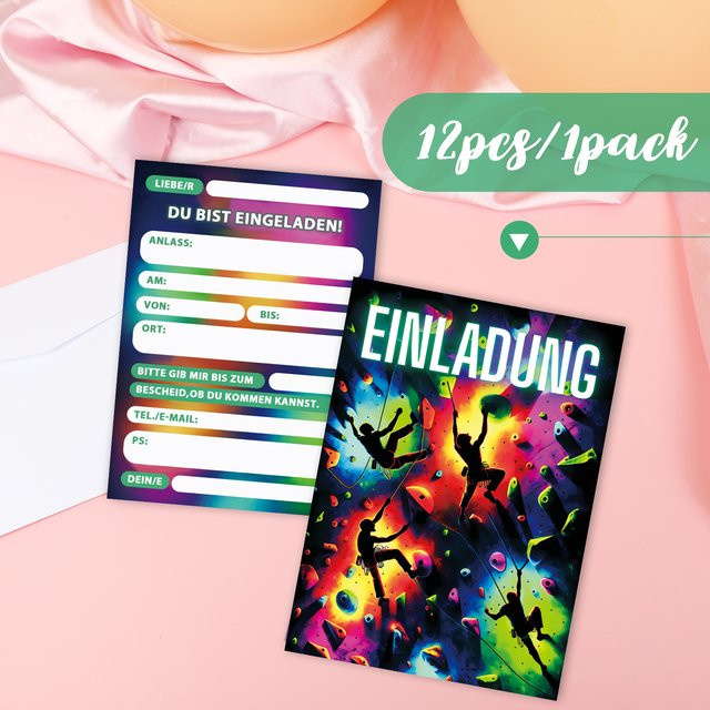 12 Stück Kletterparty-Einladungskarten mit Cartoon-Kletterer- und Neondesign in Multicolor aus Papier mit personalisierbarem deutschen Text - Bild 1
