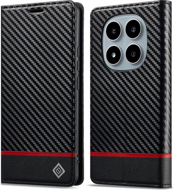Luxuriöse Xiaomi Handyhülle aus Carbon-Faser und Leder mit Kartenfach und Magnet-Flip-Ständer in Schwarz - Bild 1