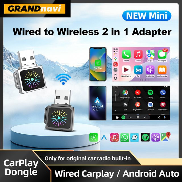 Grandnavi 2in1 Smart Mini Box Drahtloser CarPlay und Android Auto USB-C Adapter Dongle in Silber für VW Toyota Nissan Honda Ford Benz KIA MG - Bild 1