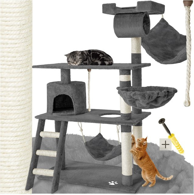 tectake Kratzbaum Grau mit Katzenhaus, Hängematte und Spielzeug, B/T/H: 105 x 60 x 141 cm - Bild 1
