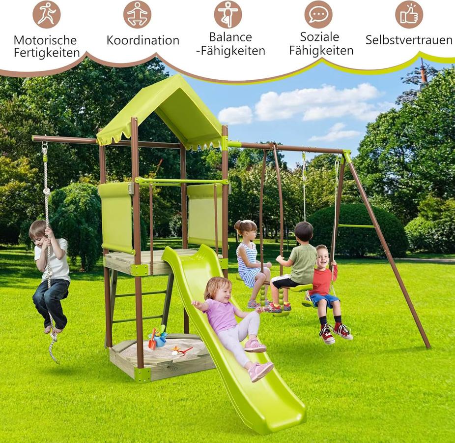 GOFLAME Spielturm Klettergerüst in Grün mit Schaukel, Rutsche, Kletterseil, Leiter und Sandkasten für Kinder - Bild 3
