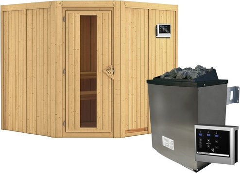 Karibu Sauna Vöru aus Fichtenholz in Beige mit 9 kW Saunaofen und externer Steuerung für 4 Personen, B/T/H: 196 x 198 x 196 cm - Bild 1