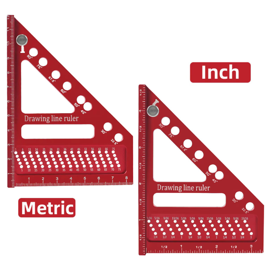 FNICEL Mehrwinkel-Messlineal aus Aluminium in Rot, hochpräzises Layout-Werkzeug für Holzbearbeitung mit Gehrung und Passstiften - Bild 2