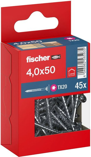Fischer PowerFast II Senkkopf TX Teilgewinde Schraube aus verzinktem Stahl, Farbe: Silber, Durchmesser: 4 mm, Länge: 50 mm, 45 Stück - Bild 1