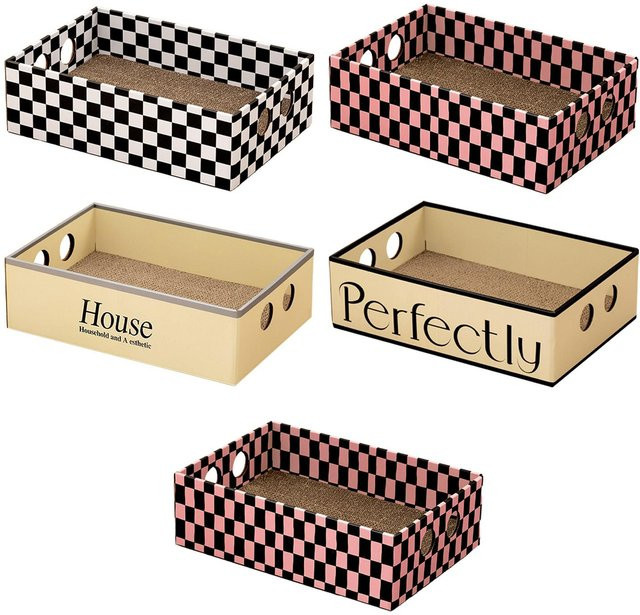 Kesoto Katzenkratzbox aus Wellpappe in Rot mit Karomuster als Katzen-Lounge und Kratzunterlage - Bild 1