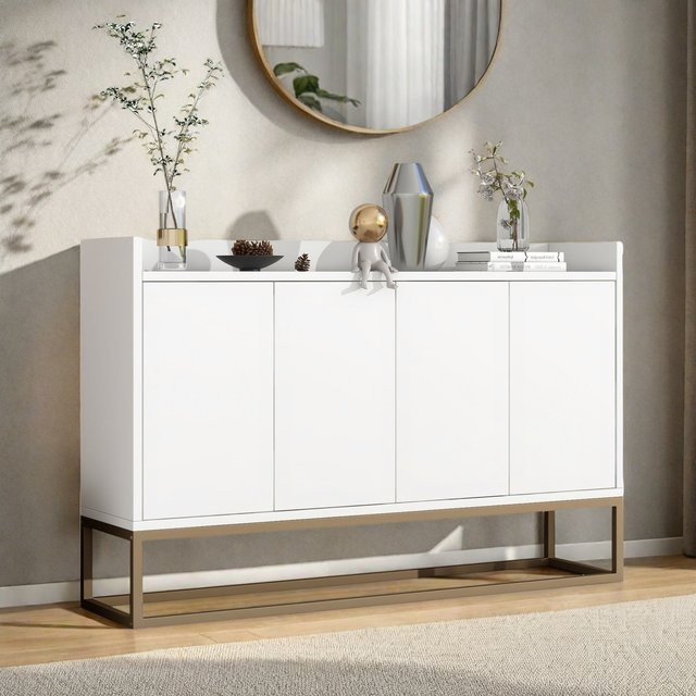 Comanlai Sideboard Kommode im minimalistischen Stil mit 4 Türen und Metallbeinen, moderner Buffetschrank für Wohnzimmer und Esszimmer, Schwarz oder Weiß matt - Bild 1