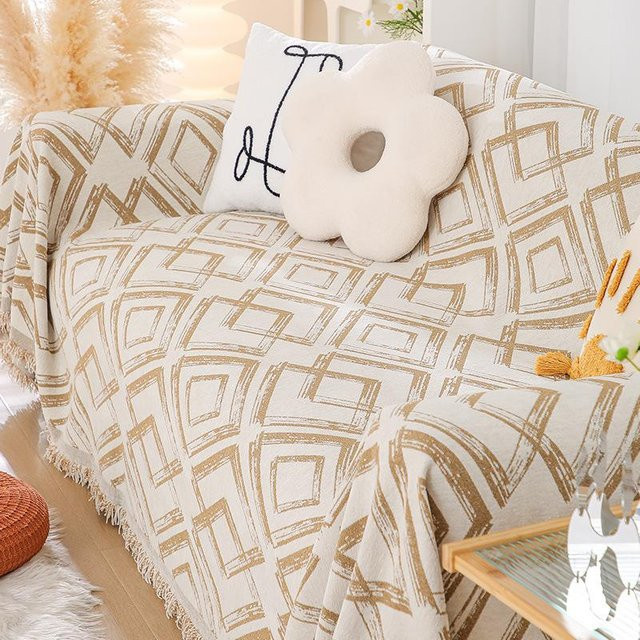 Super Six Chenille Sofabezug in Beige mit integriertem Sitzkissen, Breite: 180 cm, Tiefe: 130 cm - Bild 1