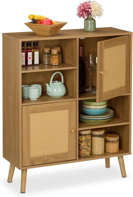 Relaxdays Sideboard aus Kiefernholz in Natur mit 2 Rattan-Türen, B/H/T: 97 x 80 x 29 cm - Bild 1