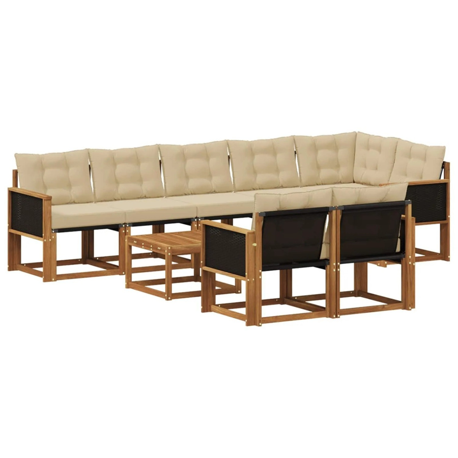 vidaXL Outdoor-Sofagarnitur aus Akazienholz und Textilene mit 9 Kissen in Natur und Beige - Bild 2