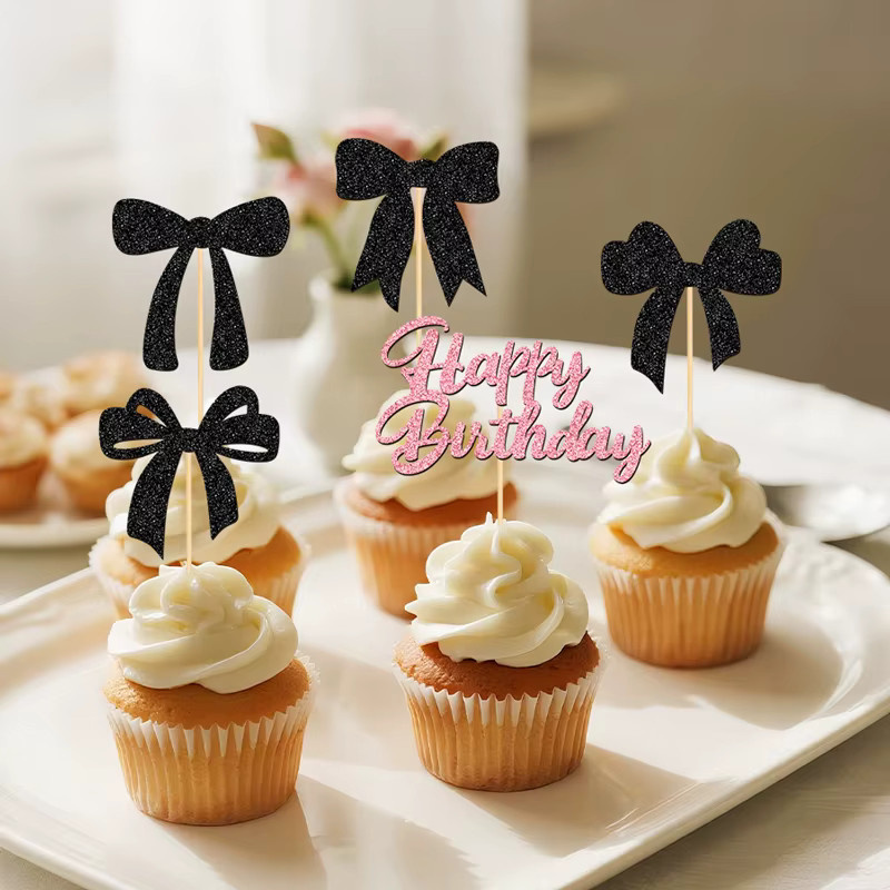 YOMDID 25 Stück Cupcake-Topper mit glitzernder Schleife für Geburtstagskuchen in Schwarz und Pink - Bild 2