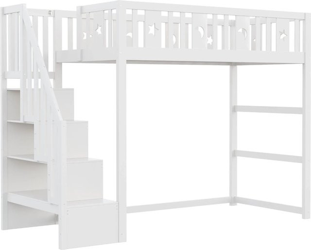 Merax Etagenbett aus Massivholz mit Treppe und Seitenfächern, Farbe Weiß, B/T/H: 200 x 90 x 171 cm - Bild 1