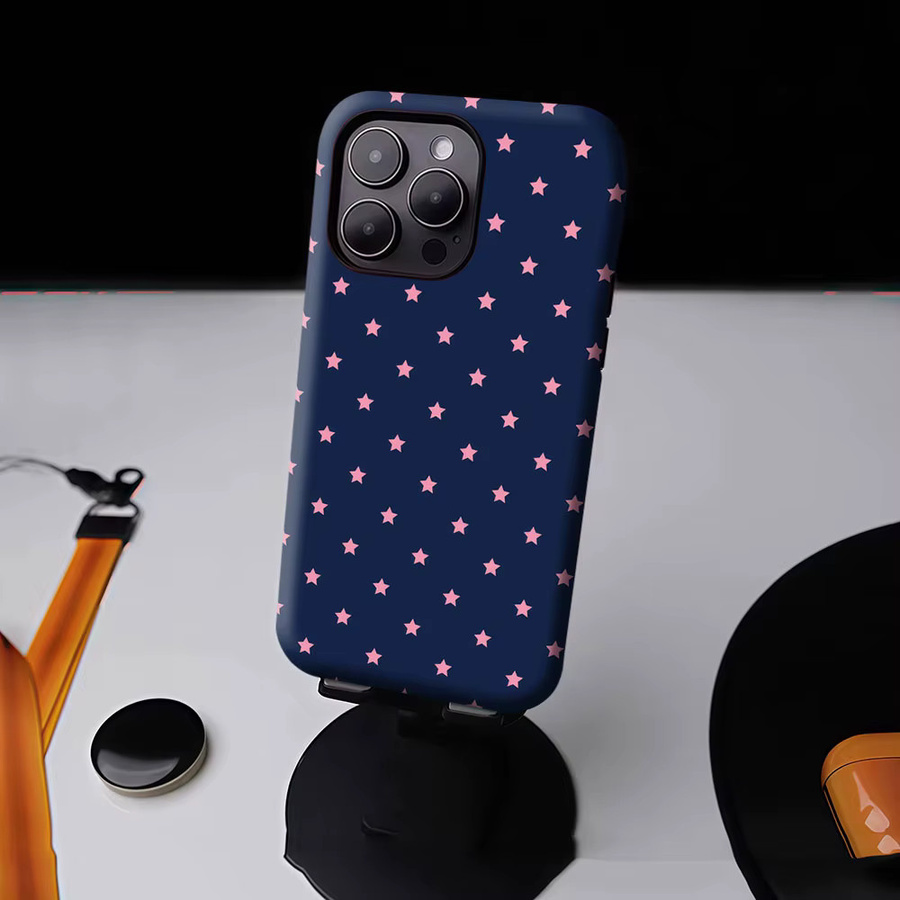 Aurbe Matte 2-in-1 MagSafe Hülle für iPhone 17 16 15 14 Plus Pro Max Stoßfeste Hartschale Marineblau mit Rosa Sternen - Bild 4