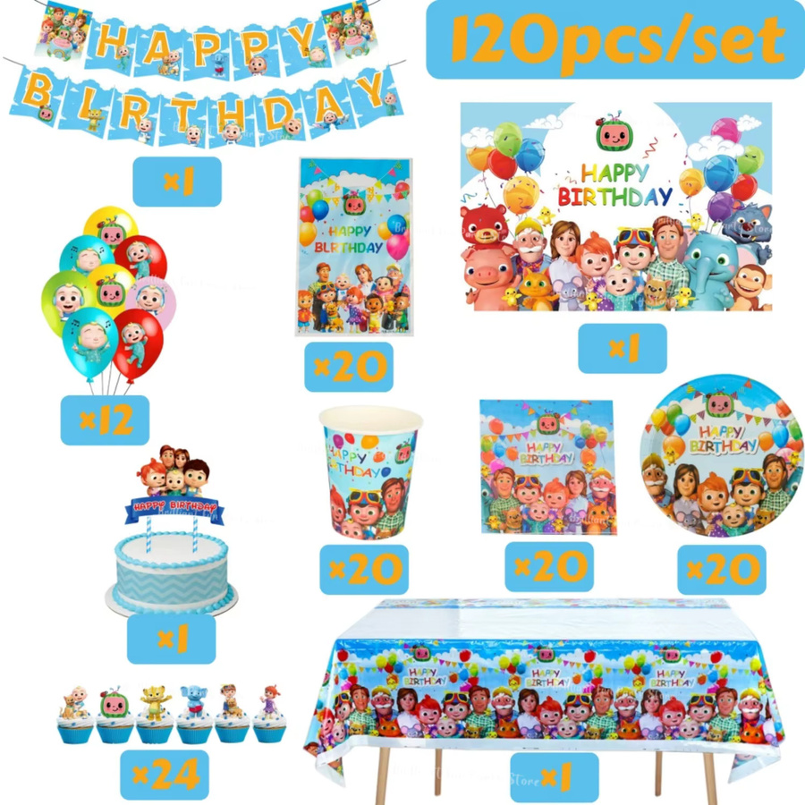 Cocomelon Geburtstags-Dekorationsset für Kinder in Blau und Mehrfarbig mit Ballons, Tellern, Tischdecke und Banner für Baby-Shower-Partys - Bild 2