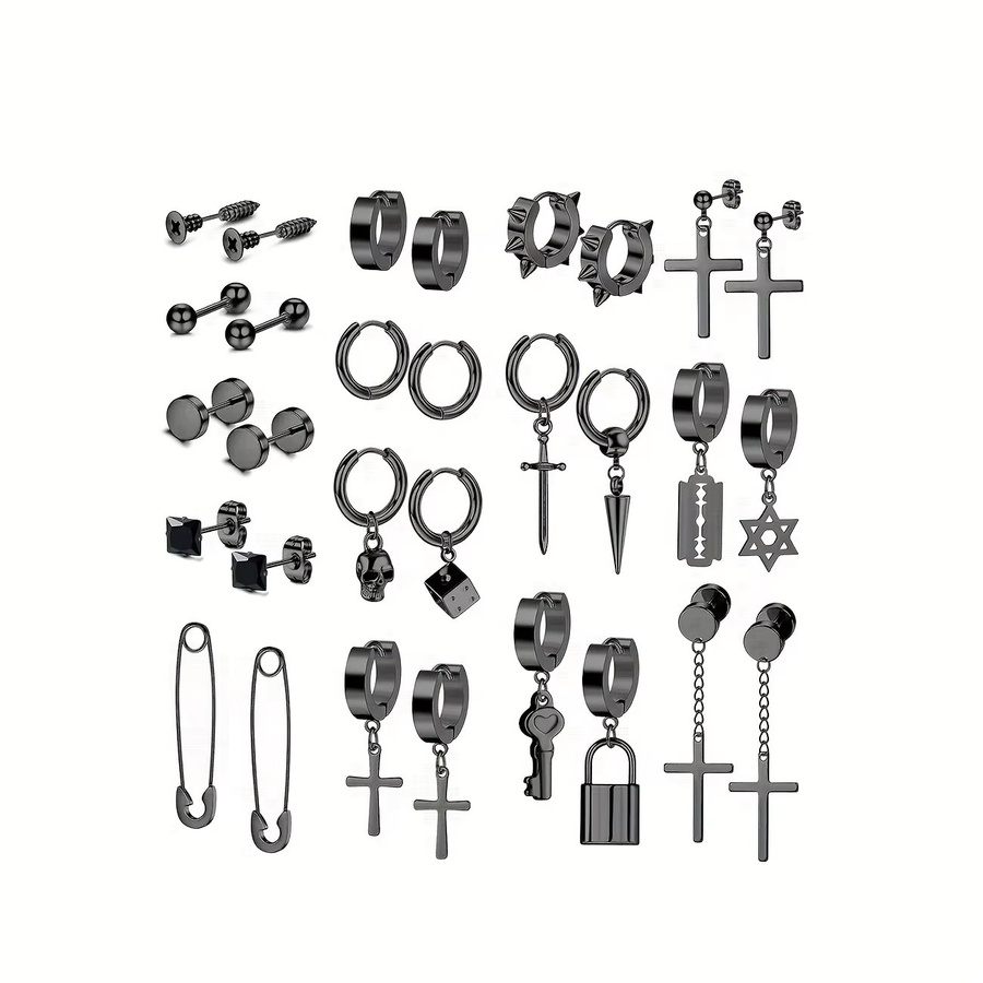 YIXI Ohrring-Set Herren, Edelstahl, Schwarz, Kreuz- und Totenkopf-Anhänger - Bild 2