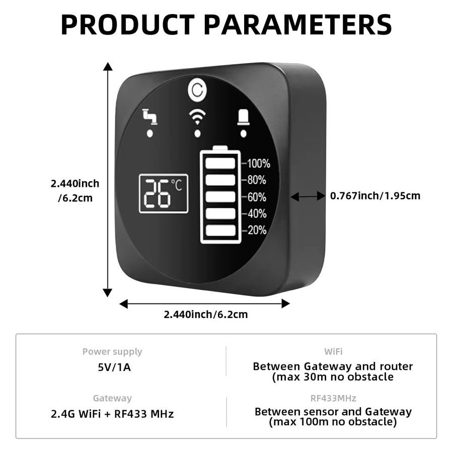 FABO Ultraschall-Tankfüllstandsensor mit Tuya WiFi und RF433MHz zur Flüssigkeitsstand-Überwachung inklusive App-Fernbedienung und Alarmfunktion in Schwarz - Bild 4