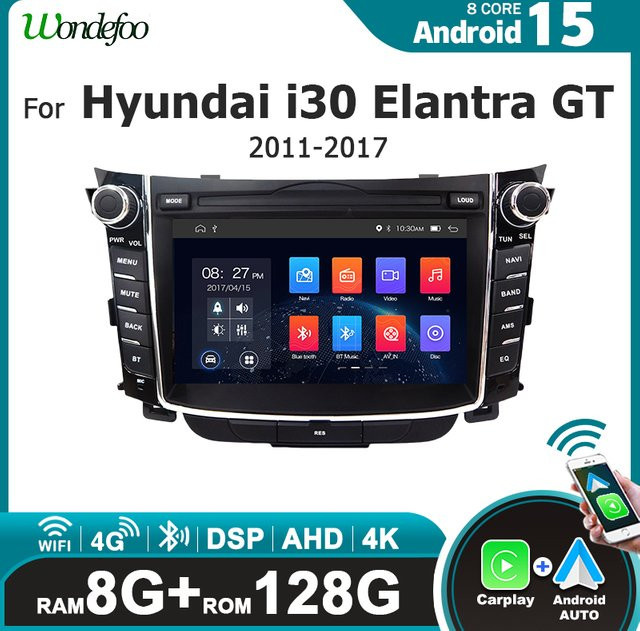 Wondefoo Android 15 Autoradio mit 7 Zoll Bildschirm, Wireless Carplay, Bluetooth und GPS für Hyundai I30 Elantra GT 2011-2017, Schwarz - Bild 1
