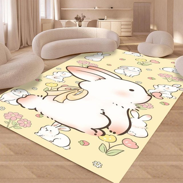 Waschbarer Kinderteppich mit Erdbeer-Cartoon-Hase und Blumenmotiv als Anti-Rutsch Bodenmatte für den Spielbereich, B/T: 40 x 60 cm - Bild 1