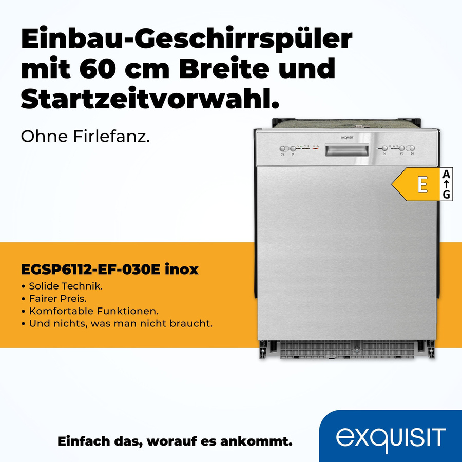 Exquisit Teilintegrierter Einbau-Geschirrspüler EGSP6112-EF-030E in Silber, B/H/T: 59,8 x 81,5 x 57 cm - Bild 5